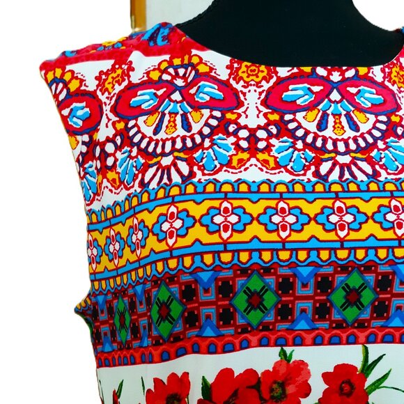 Chetta B Dress Wild Cherry Floral Mosaic Artsy Sleeveless Midi Ruched Waist 12 - Picture 2 of 6